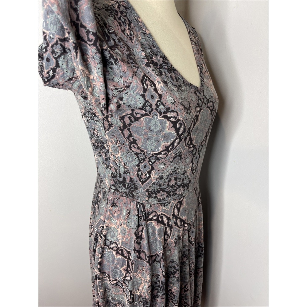 Peruvian Connection Gray Blue Pink 3/4 Sleeve v-neck Dress lightweight travel M - Picture 7 of 11